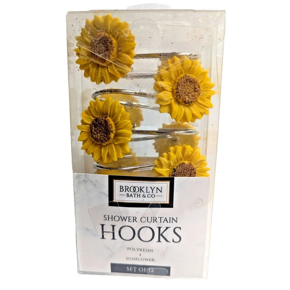 Daisy Shower Curtain Hooks 12-pc Yellow Brown Flower Resin Metal Sunflowers NEW